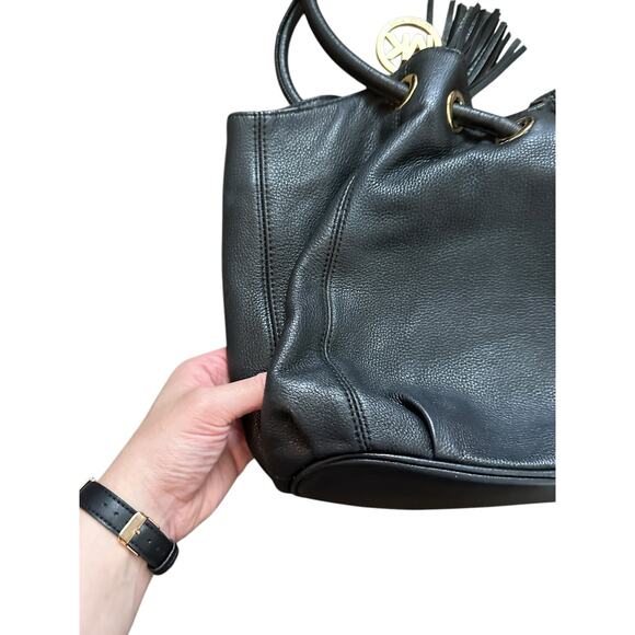 Michael Kors Black Gold-Tone Hardware Tasseled Leather Top Handle Bucket Bag - Picture 12 of 15